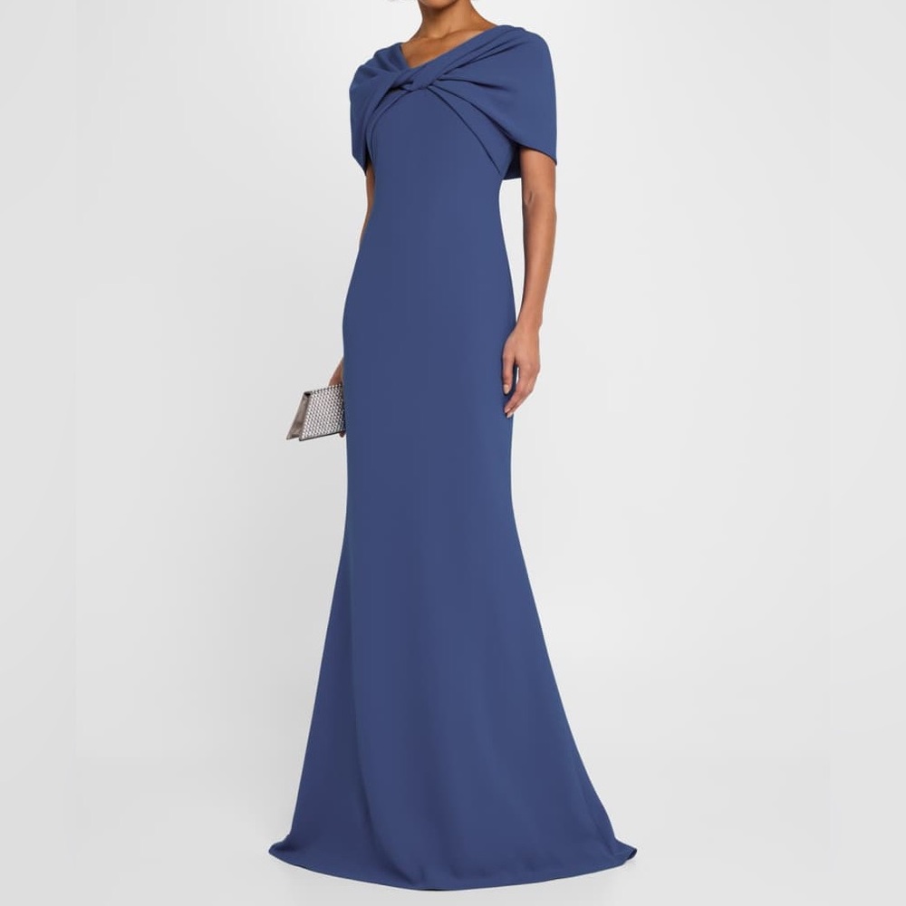 Badgley Mischka Cape Short Sleeve Mermaid Gown Navy Blue NWT Size 6